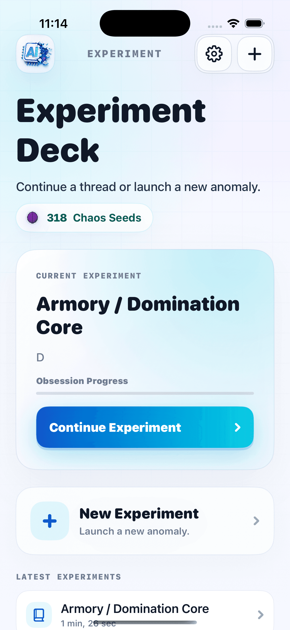 AI Chaos Story Lab Experiment Deck screen